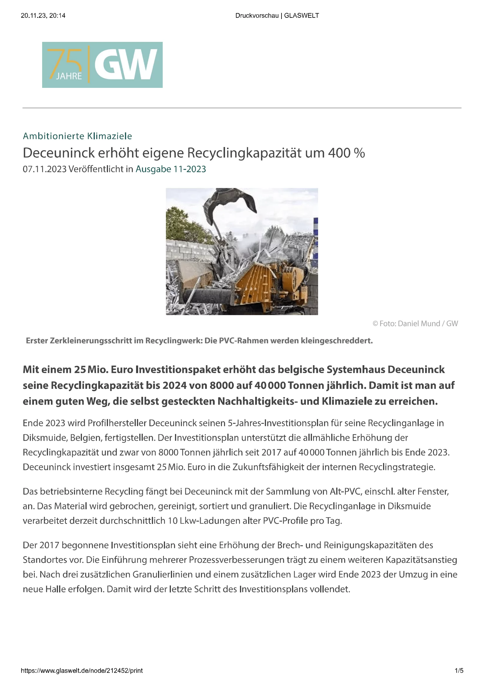 Deceuninck erhöht eigene Recycling­kapazität um 400 %